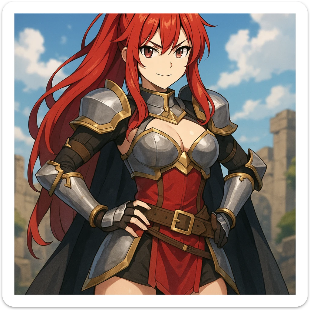 anime style woman with red hair in fantasy armor cosplay, confident pose sticker