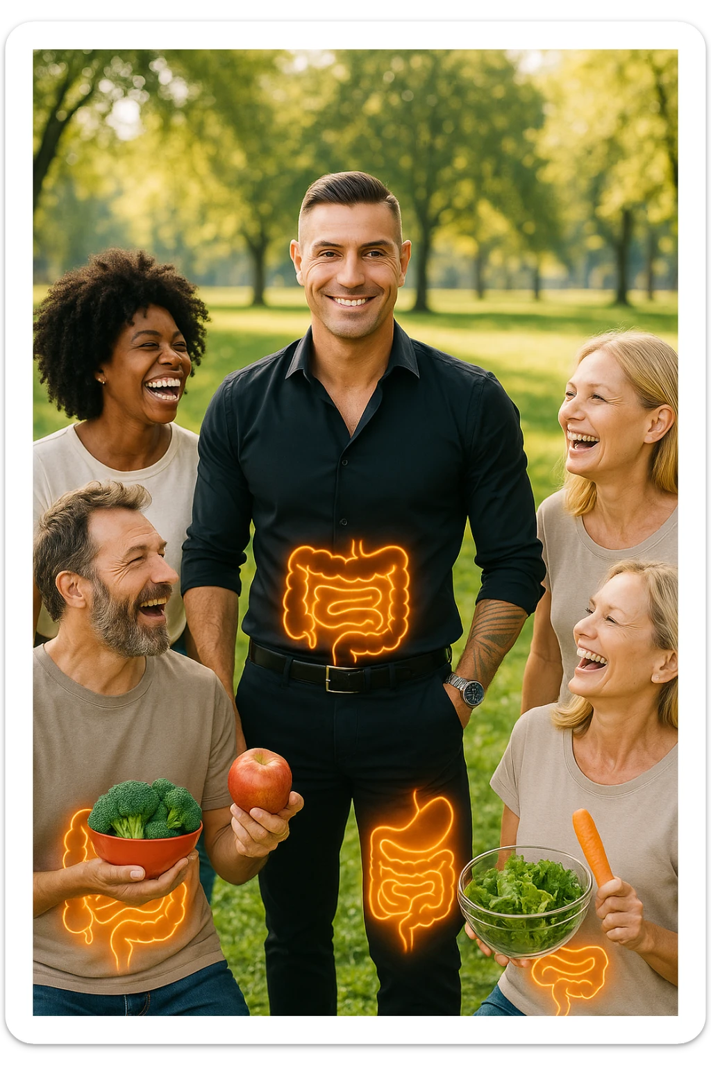  a smiling man stands at the center of a group of diverse, happy people in a bright park. Everyone has a subtle, glowing outline around their abdominal area, symbolizing a healthy gut. The group is laughing, sharing fresh fruits and vegetables, and the atmosphere is vibrant and full of energy. sticker