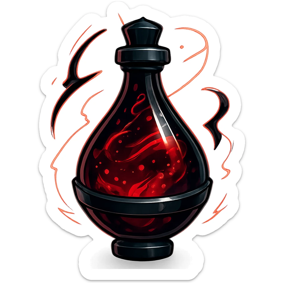 prabangus eliksyro buteliukas, lašo forma, Discord edgy ir cool stilius, tamsiai raudona spalva, juodos ir sidabrinės detalės, daug magiškų efektų, labai mažas kaklelis, vientisas dugnas, skaidrus fonas, buteliukas plūduriuoja ore, be pagrindo ar šešėlio, modernus, kolekcijai tinkamas sticker