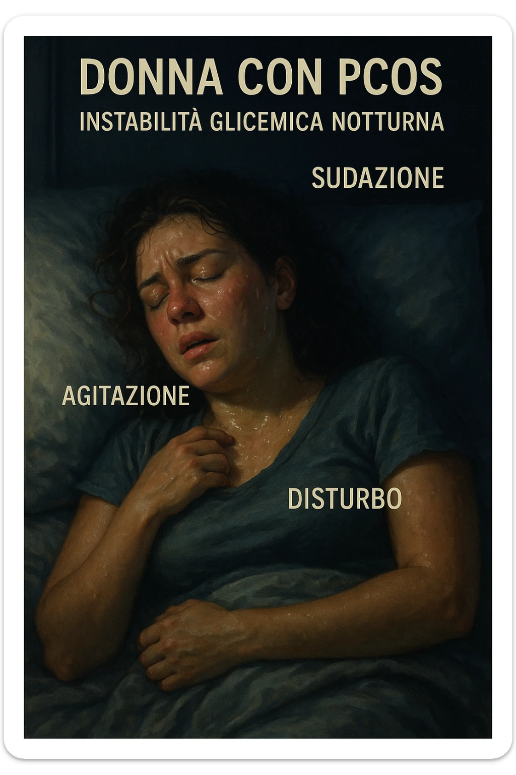 realistic and cinematic illustration of a woman with PCOS sleeping but showing symptoms of nocturnal glycemic instability such as sweating, agitation, discomfort, nighttime atmosphere, detailed realism, Italian captions, vertical 2:3 format sticker