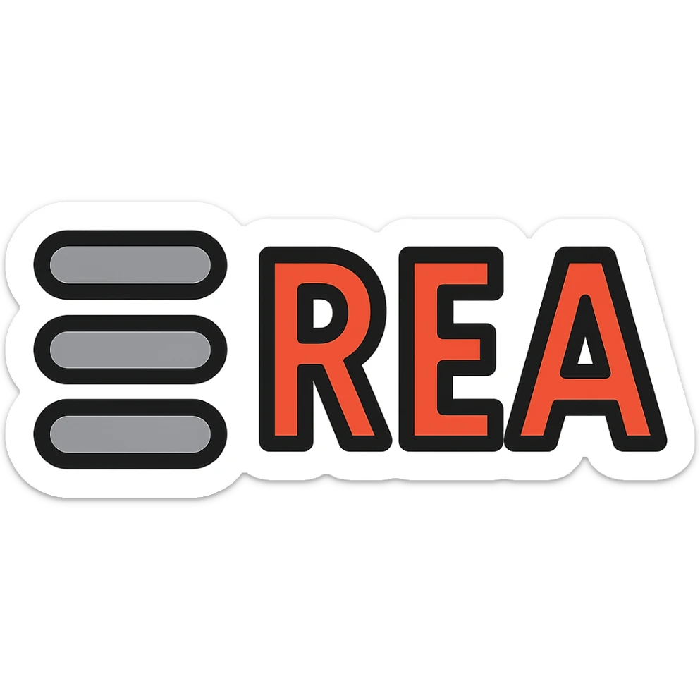 Update the symbol to have four grey horizontal lines of different lengths: the first line is the third longest, the second line is the second longest (slightly longer than the first), the third line is the shortest (slightly shorter than the first), and the fourth line is the longest (slightly longer than the second). The text 'REA' should be in bold, red-orange capital letters, not yellow or pale orange. Keep the style clean and modern, with no background. sticker