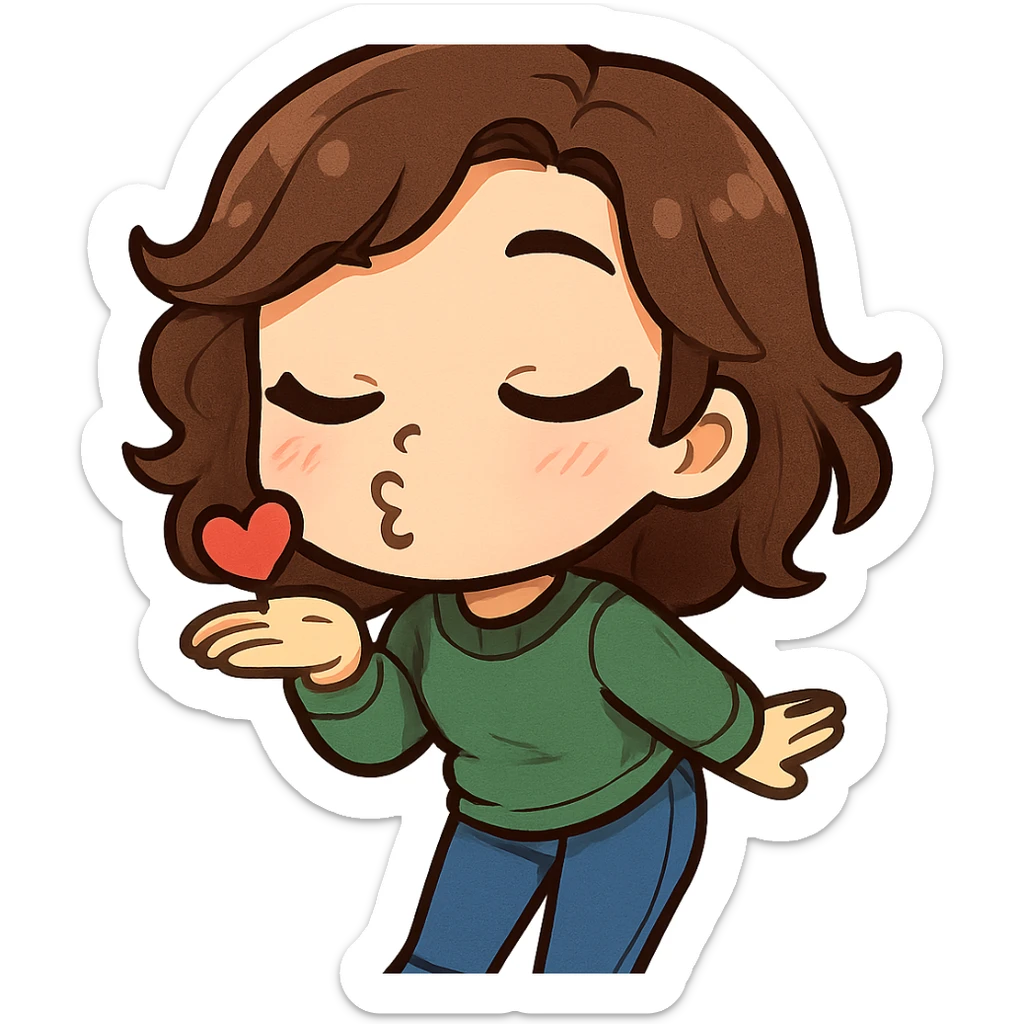 chibi emote of a woman in a green jumper and jeans, blowing a kiss, no headband, no sparkles, no wand, transparent background sticker