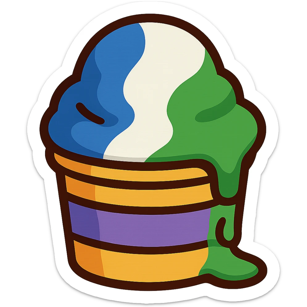 Change the Italian ice colors to blue, white, and green. Keep the scoop melting slightly in a paper cup, no background, vibrant toon style. sticker