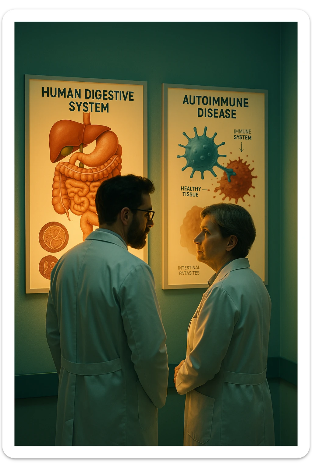 In italiano Realistic, detailed photo taken from behind of two doctors—a bearded man and a middle-aged woman—standing side by side in a modern medical office, intently studying a large, illuminated medical chart on the wall. The chart displays a detailed diagram of the human digestive system, highlighting the intestines and showing microscopic images of intestinal parasites. Next to it, another chart illustrates the immune system attacking healthy tissues, visually connecting gut parasites to autoimmune disease mechanisms. The room is bathed in a single green-blue color, with a warm, yellow-orange light casting soft shadows around the doctors. Both wear white coats and have serious, focused expressions, suggesting a deep discussion about the root causes of autoimmune conditions. Shot with a Canon EOS R5, with high detail, natural depth of field, and a clinical yet dramatic atmosphere. sticker
