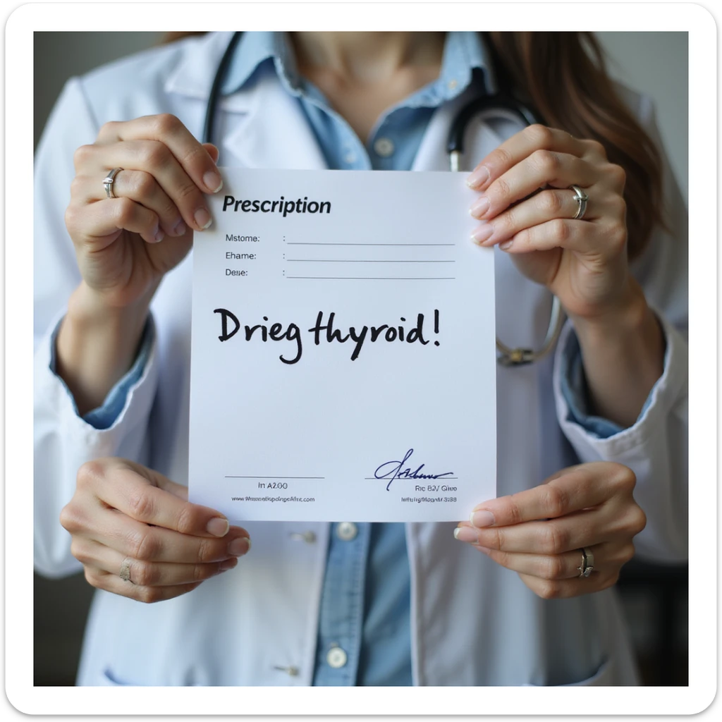 close-up of woman's hands holding a medical prescription with 'Dried pig thyroid' written, doctor's stamp and signature visible, neutral background, hyperrealistic 4K sticker