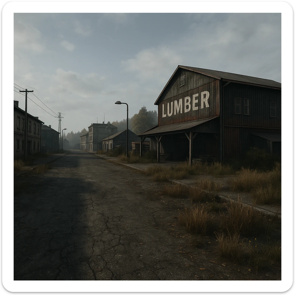 a view of the city street in a videogame: DayZ - in the town of berezio "lumber" [no text contained in the image] sticker