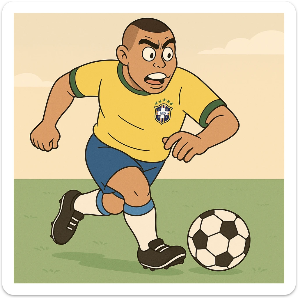 cartoon illustration of Ronaldo Fenômeno, dribbling a soccer ball, wearing Brazil kit sticker