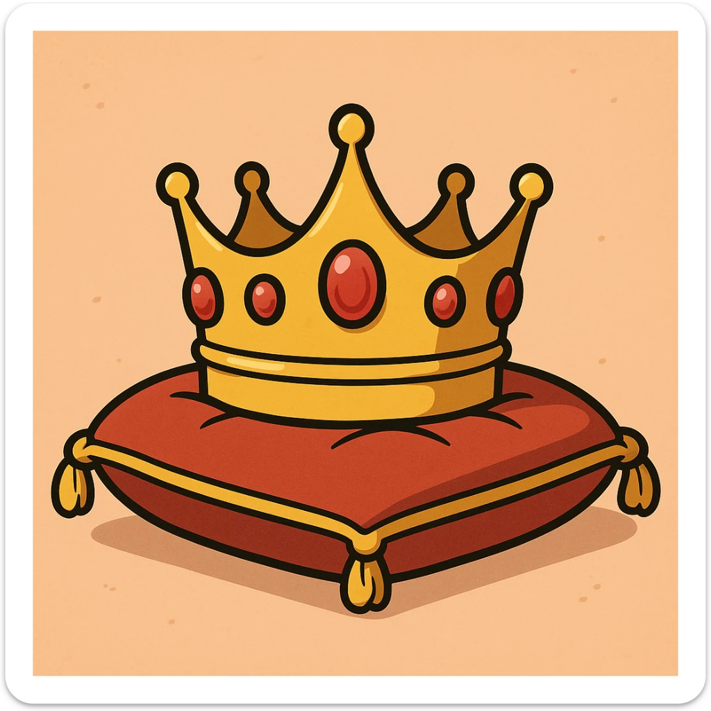 golden crown with rubies lying on a velvet pillow with golden edges sticker