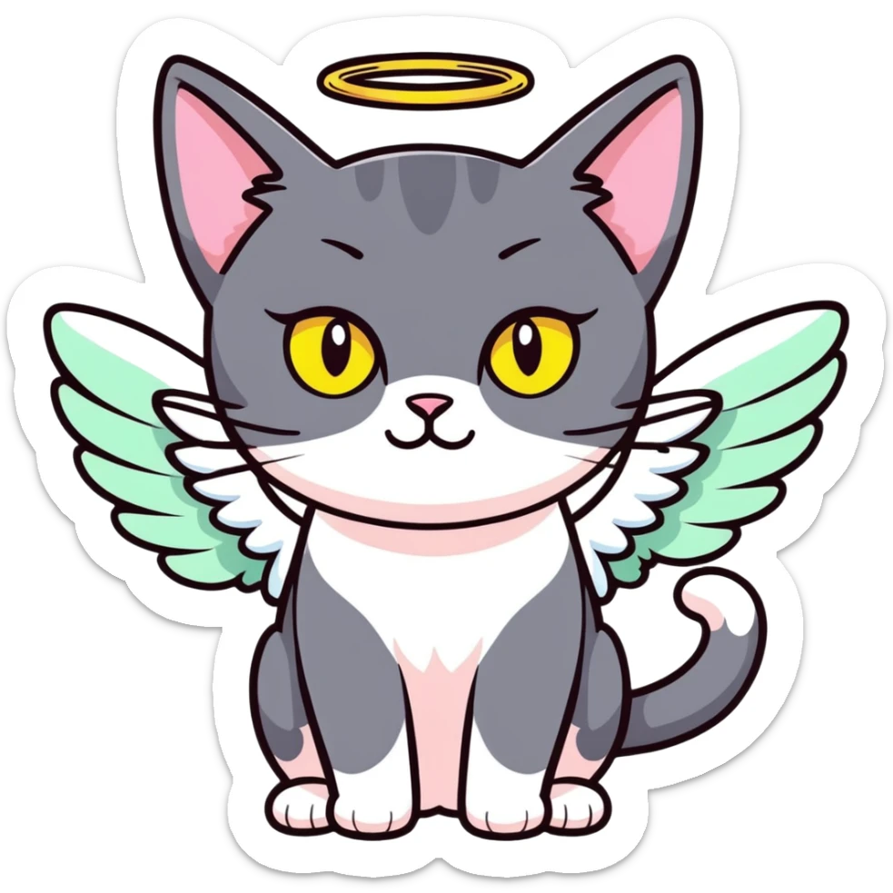 Dark gray short haired domestic cat with light pink ears and greenish-yellow eyes with angel wings  sticker