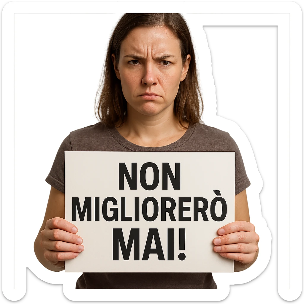 DONNA CHE TIENE UN CARTELLO IN MANO CON LA SCRITTA "NON MIGLIORERò MAI!", iperrealistico 4k sticker