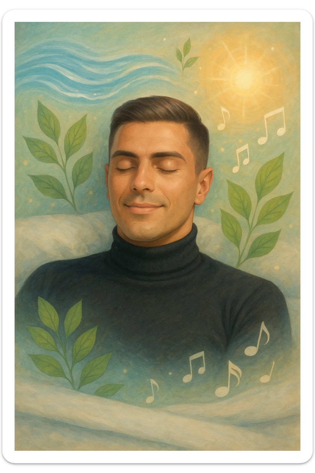 Un uomo sdraiato su un letto o una superficie fluttuante, con un'espressione serena e gli occhi chiusi. Attorno a lui, proiettate dalla sua mente, si materializzano immagini vivide di benessere e armonia: sticker