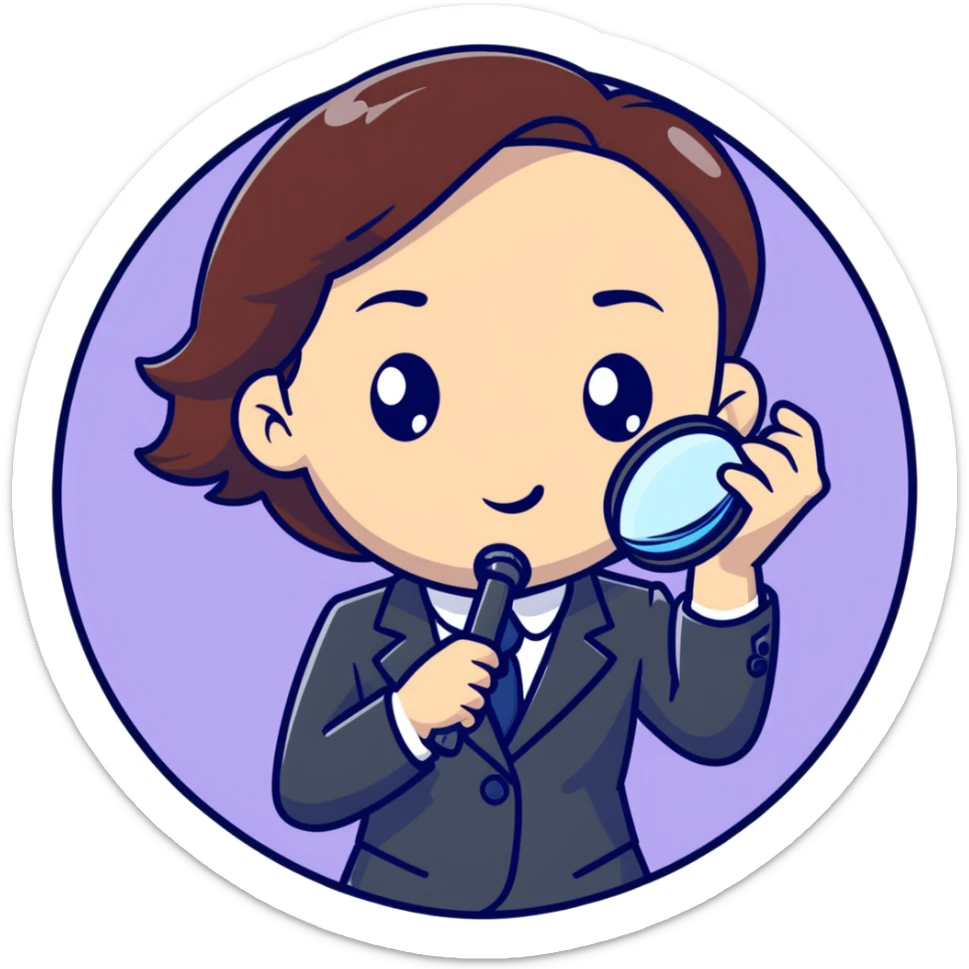 girl detective in a suit, peering through a magnifying glass, inquisitive expression sticker