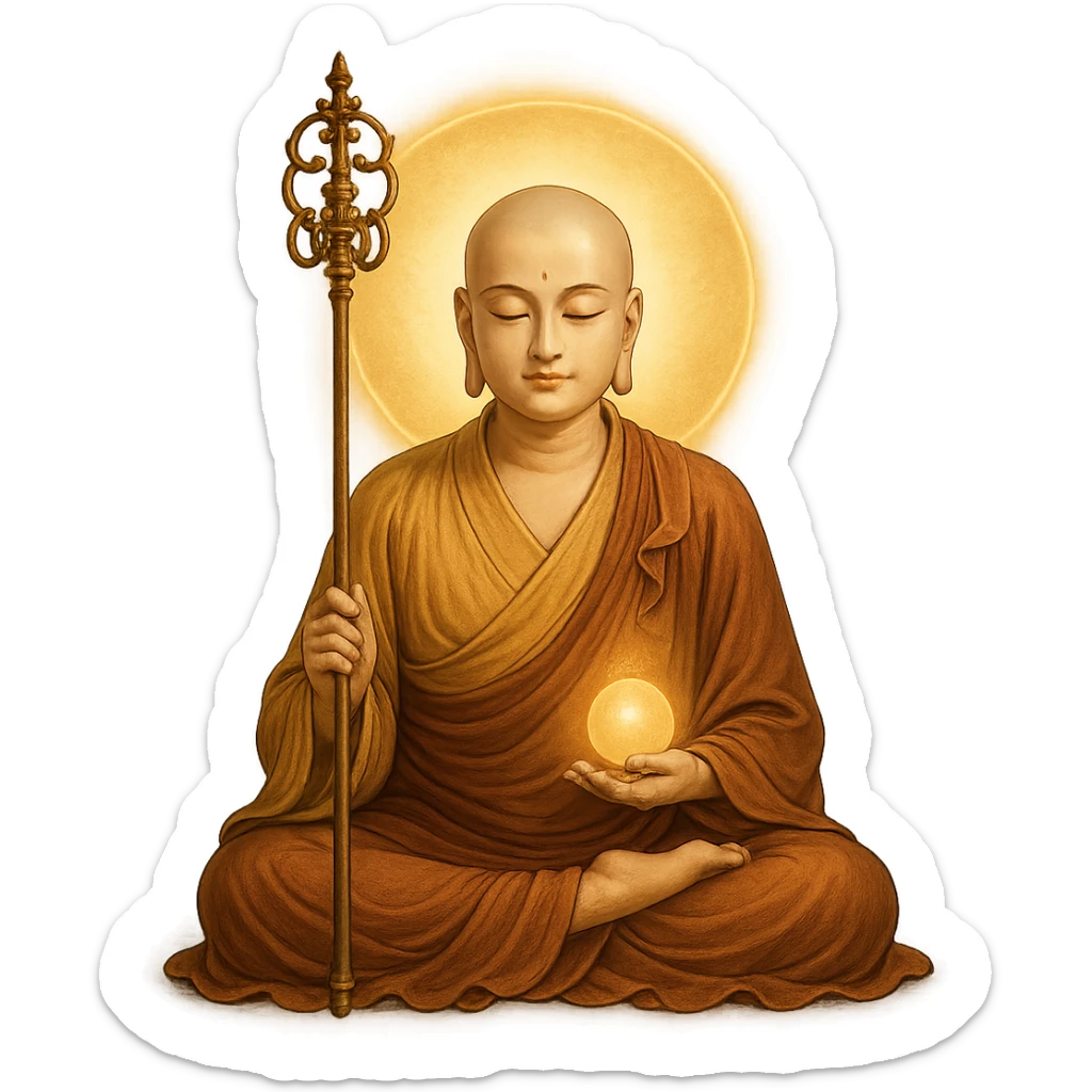 Kṣitigarbha bodhisattva, seated in meditation, surrounded by a glowing aura, monk's robes, staff and jewel, peaceful expression sticker