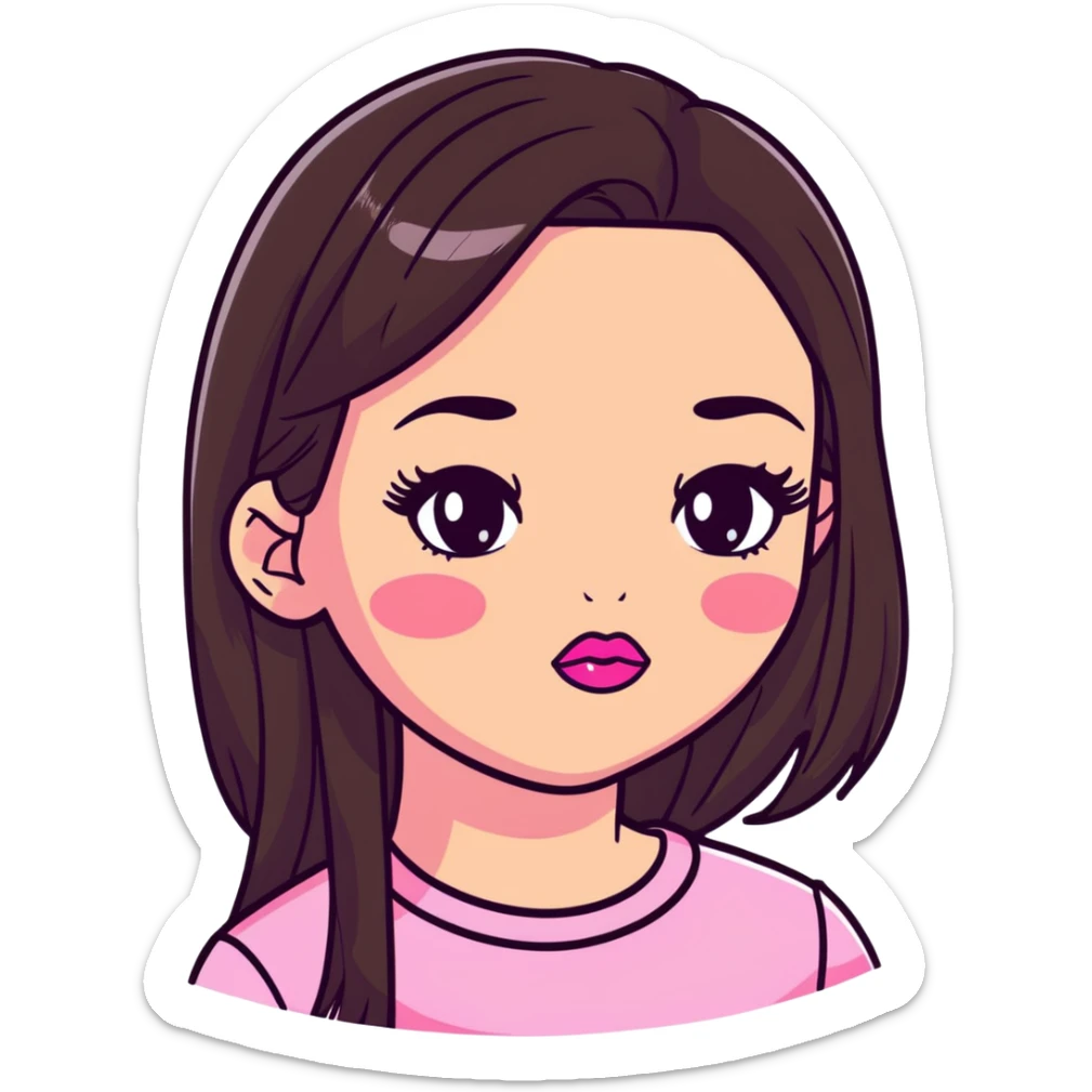 girl with lighter skin, dark brown long straight hair, pouty shiny lips with pink lip gloss, large eyes with eyelashes, pink blush on cheeks, inner eye highlighted with white eyeliner, lighter button nose, long oval-shaped face sticker