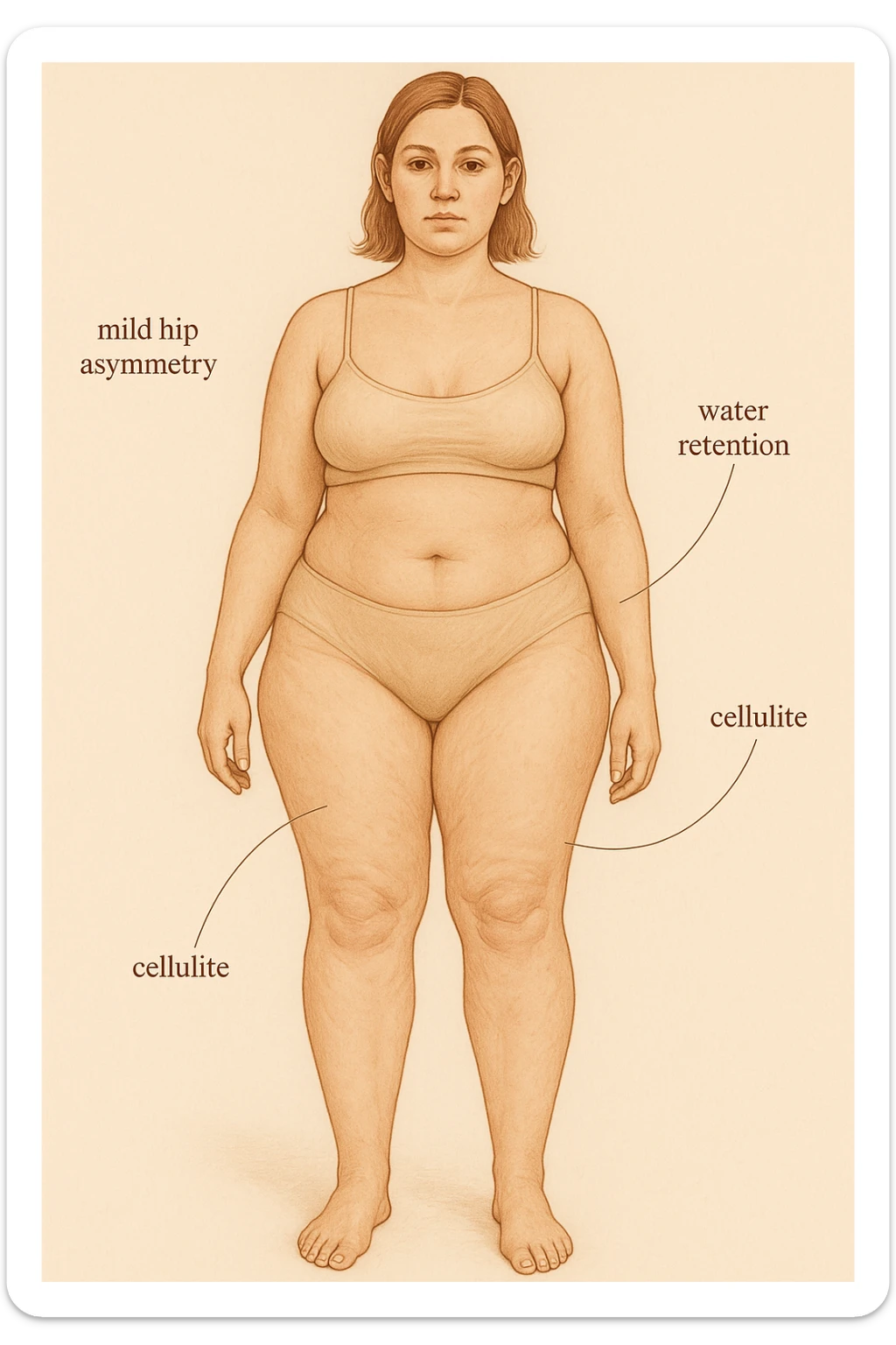 Realistic anatomical illustration of a woman with mild hip asymmetry, water retention, and cellulite, viewed in a soft, educational, body-positive way. sticker