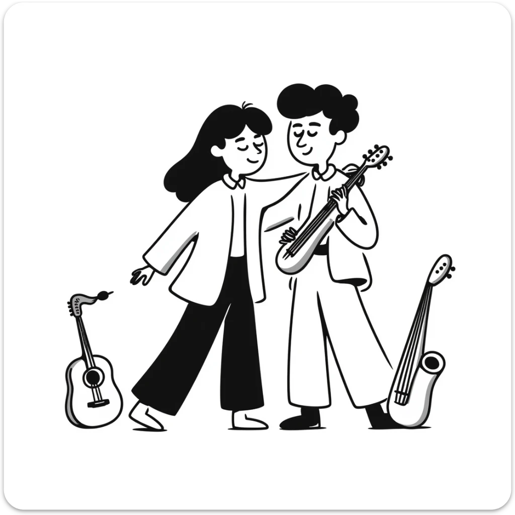 Two musicians of the same gender giving each other a friendly side hug, professional greeting, fraternal embrace, smiling, musical instruments nearby, colleagues congratulating each other sticker