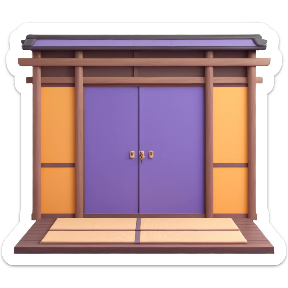 Traditional Japanese house with wooden beams, paper doors, tatami sticker