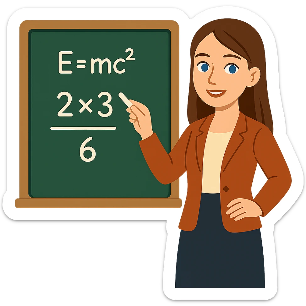 flat toon style female math teacher, brown straight hair, blue eyes, Caucasian, no glasses, at chalkboard sticker
