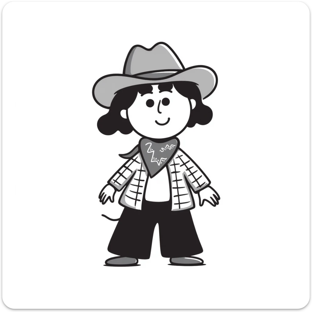 A hand-drawn plush cowgirl toy with a bandana, hat and a cute smile sticker