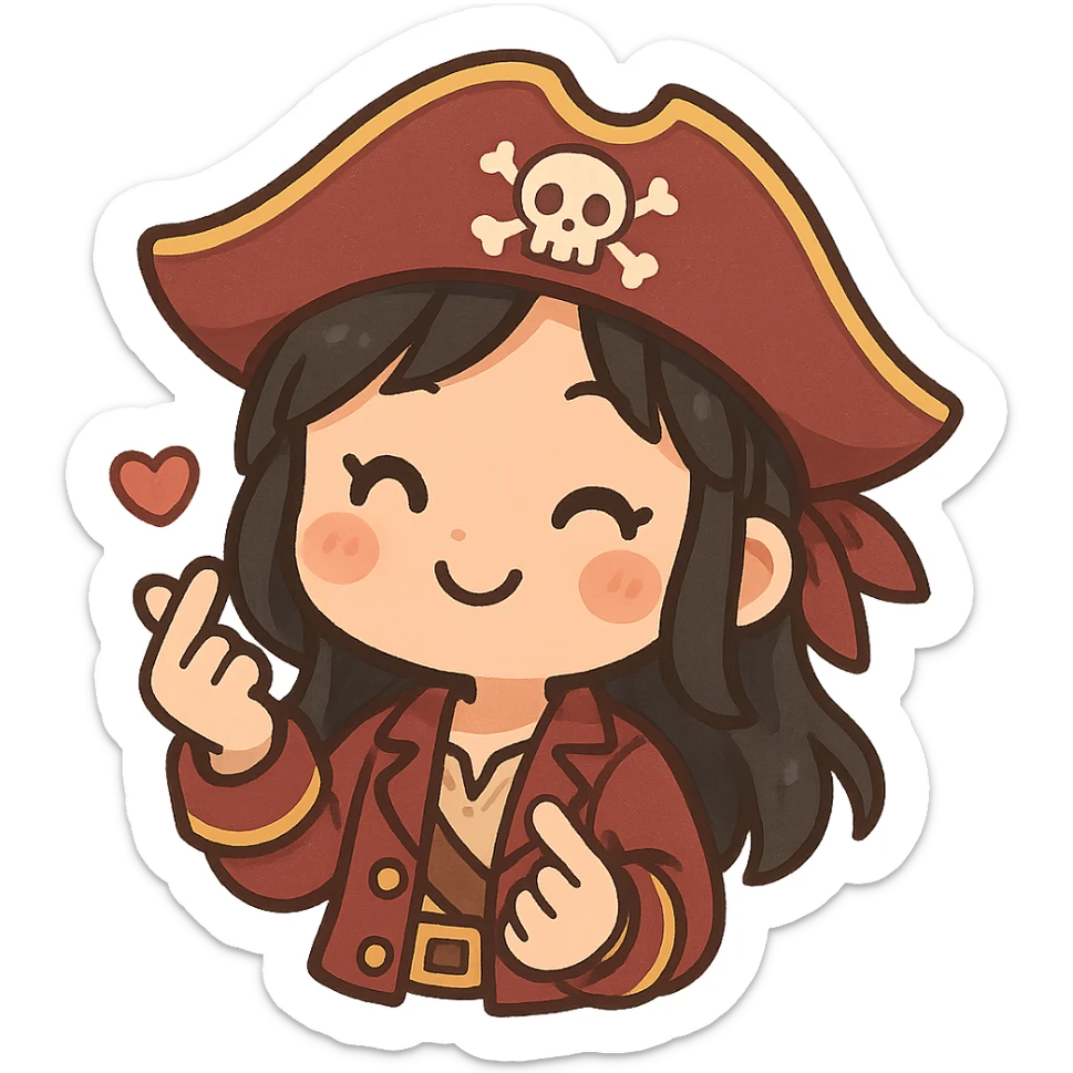a girl pirate with black hair doing a Korean heart sign with her hands, cute chibi style sticker