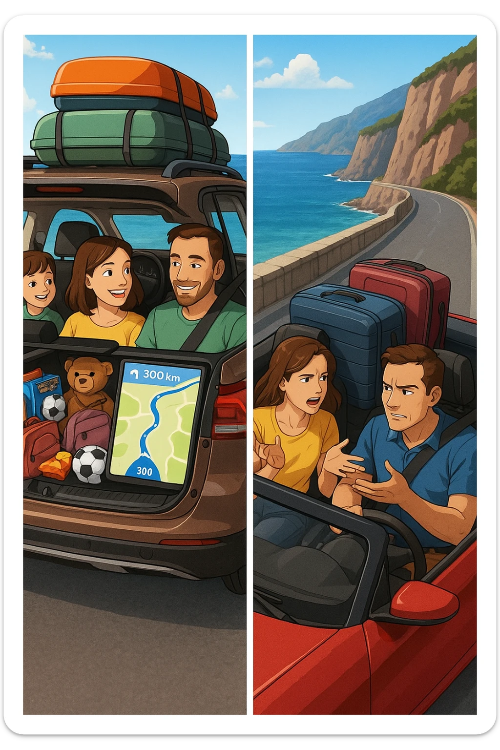 "Spacious family SUV loaded with luggage, snacks, entertainment for kids, GPS showing clear 300km route planned with rest stops, happy family ready for road trip; contrasted with impractical two-seater convertible with no storage space, couple arguing about what to leave behind, suitcases barely fitting, comfort vs style dilemma, Italian coastal highway background" sticker