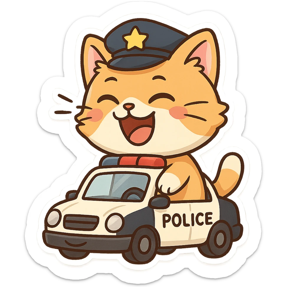 fluffy police cat sitting in patrol car, laughing out loud looking at silly harmless prank nearby, cheerful and comedic mood sticker