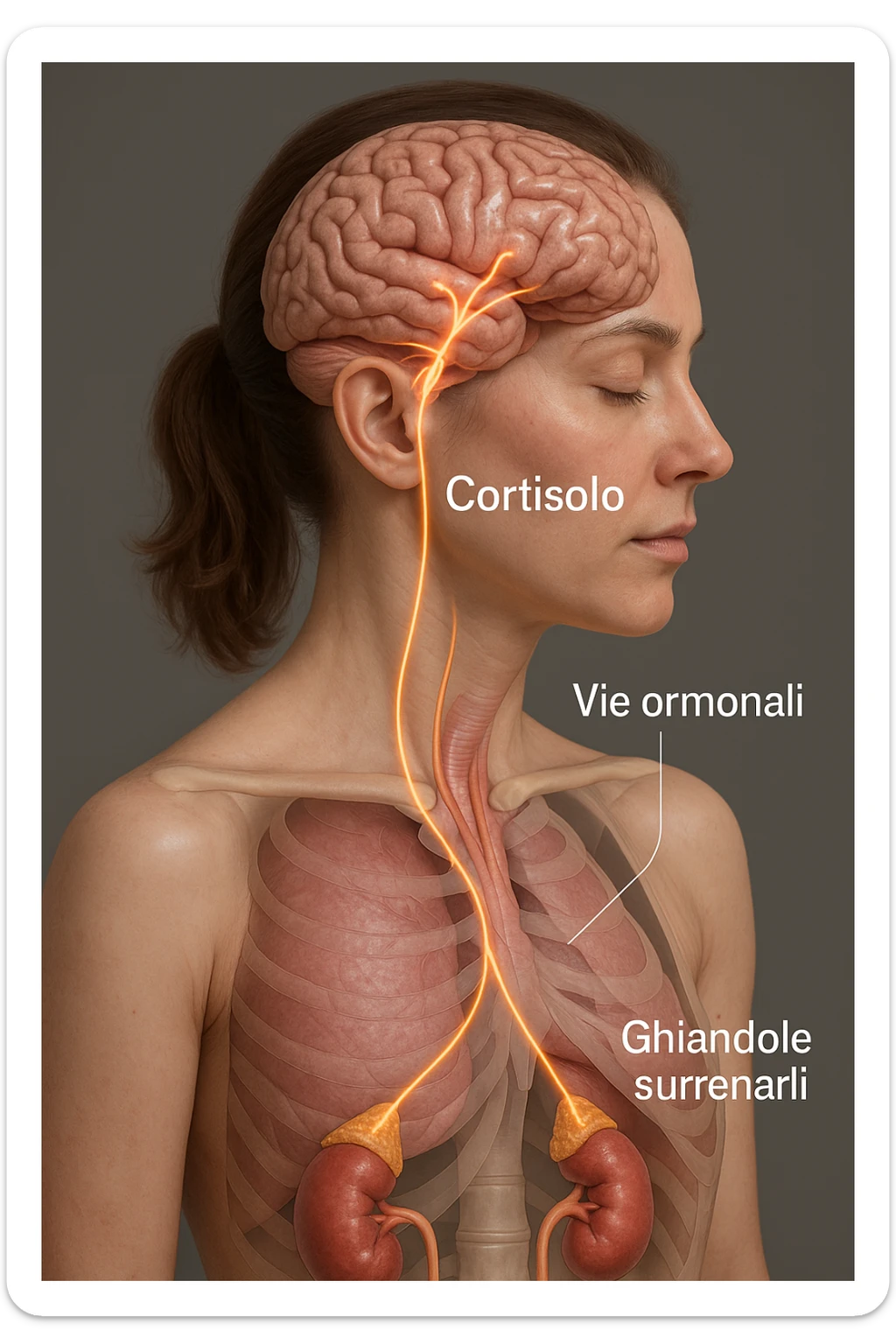 realistic 3D medical illustration of a woman with cortisol highlighted, focusing on brain, adrenal glands, and hormonal pathways, with captions in Italian, aspect ratio 2:3 sticker