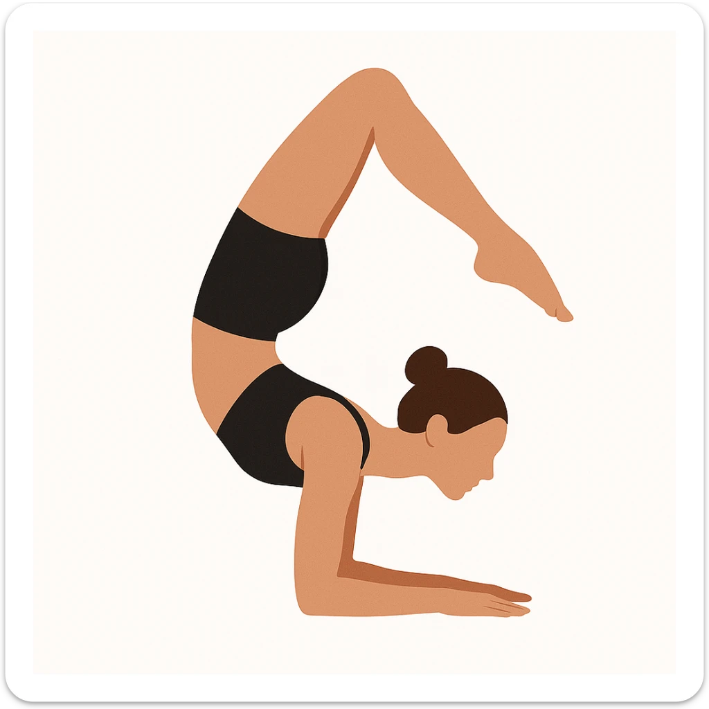 Minimalist flat vector illustration of a woman doing yoga (Vrischikasana), wearing sportswear (black top and black shorts), brown hair in a bun, clean white background, no face details, elegant style sticker