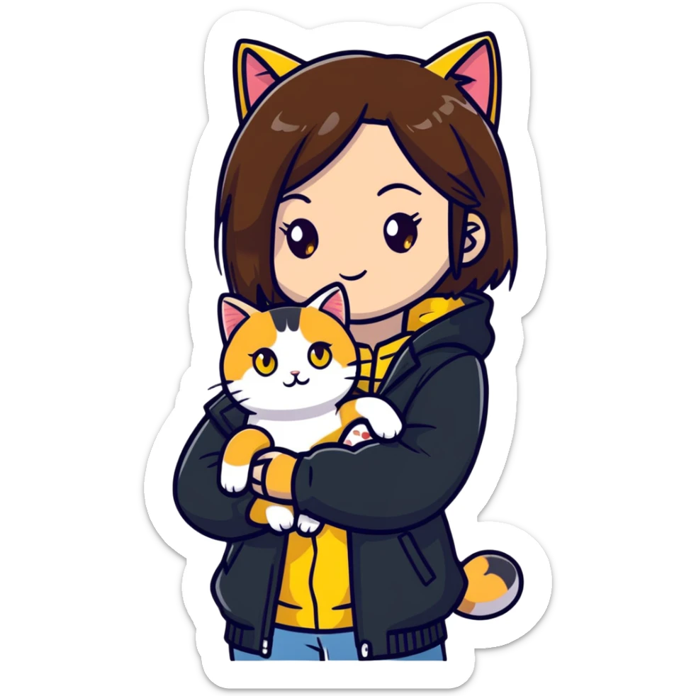 Light-skinned girl with brown straight hair wearing a black jacket, with a white cat with yellow eyes and a calico cat sticker