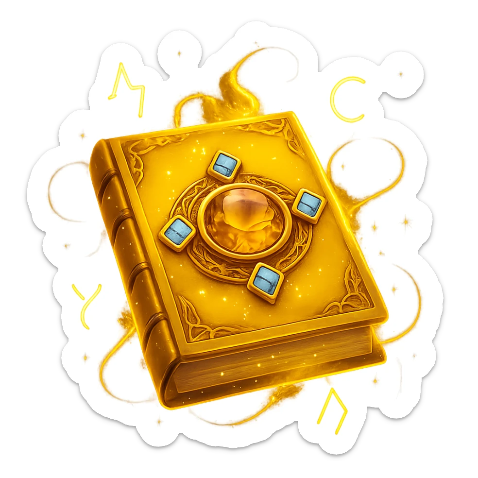 Make the mystic yellow book even more mystical in the style of apple emojis. Add a glowing magical aura, floating runes, swirling sparkles, and mysterious energy around the book. Keep no background. sticker