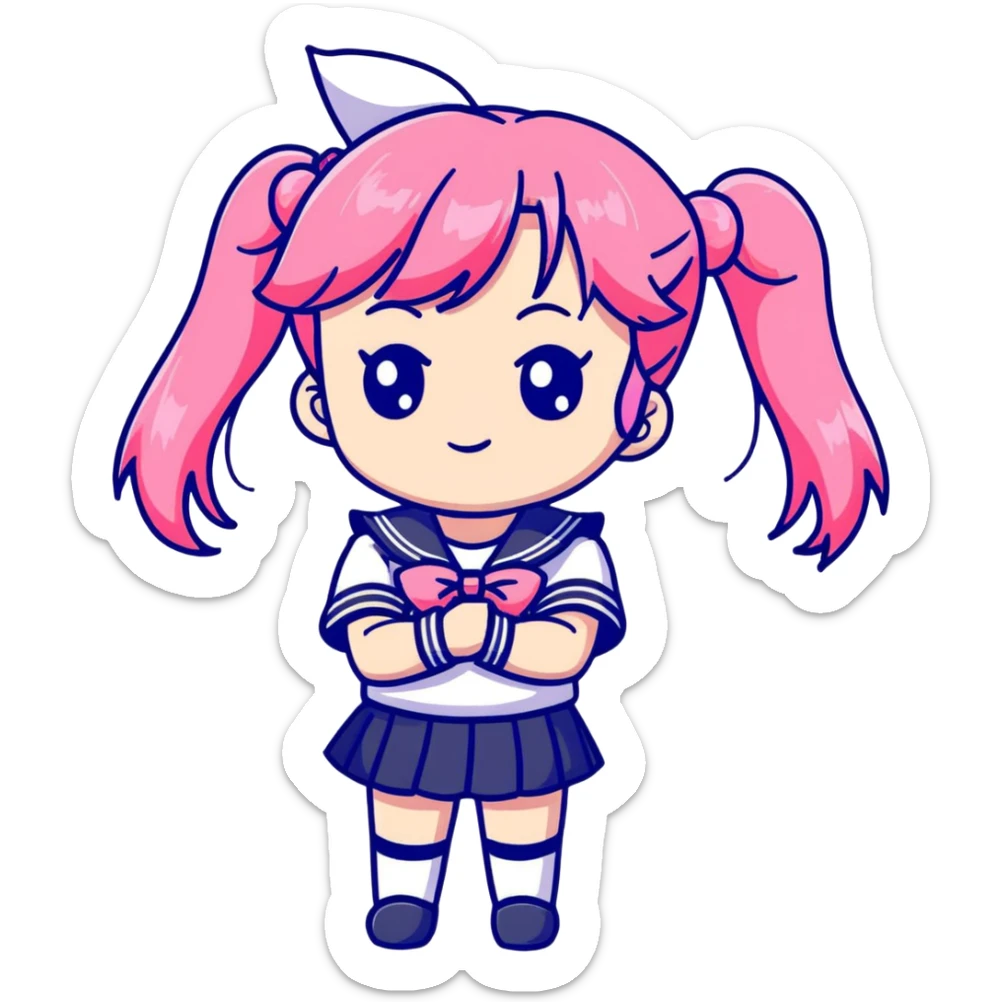 Adorable anime schoolgirl with pink twin tails and big eyes wearing sailor uniform, cute chibi style sticker