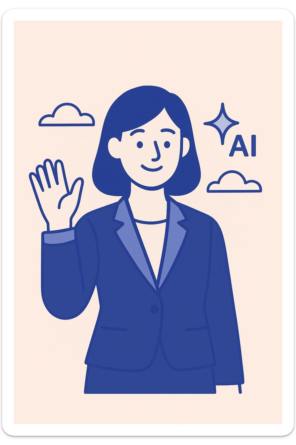 business woman smiling in a suit, waving, with an AI sparkle above her shoulder, clean modern illustration sticker