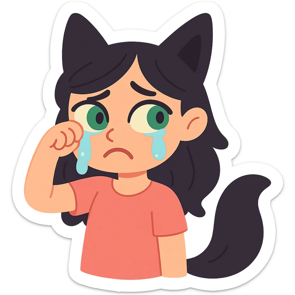 A girl with tears, black fox ears, and a tail, green eyes, dark hair sticker