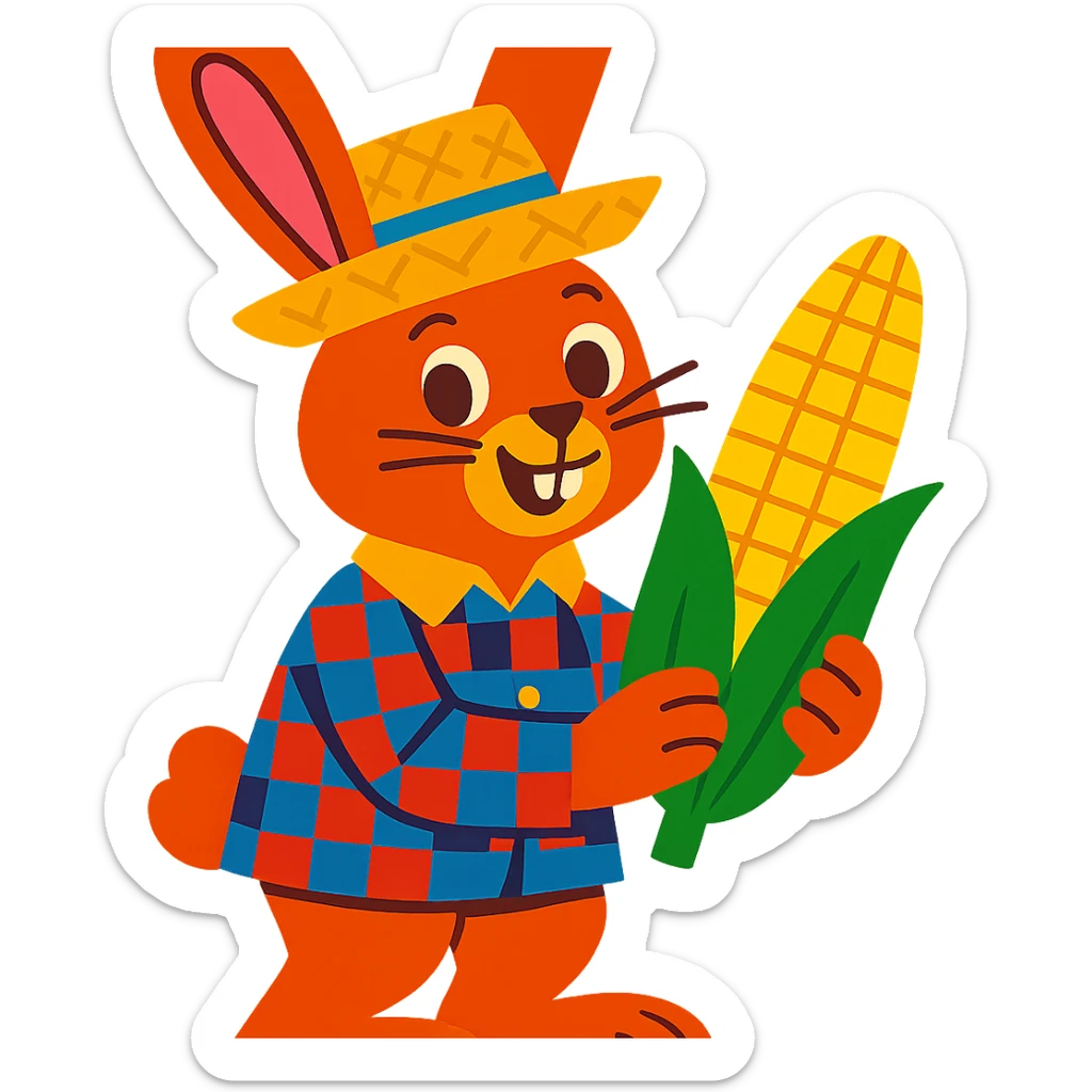 rabbit wearing checkered shirt and straw hat, holding corn, festa junina style sticker
