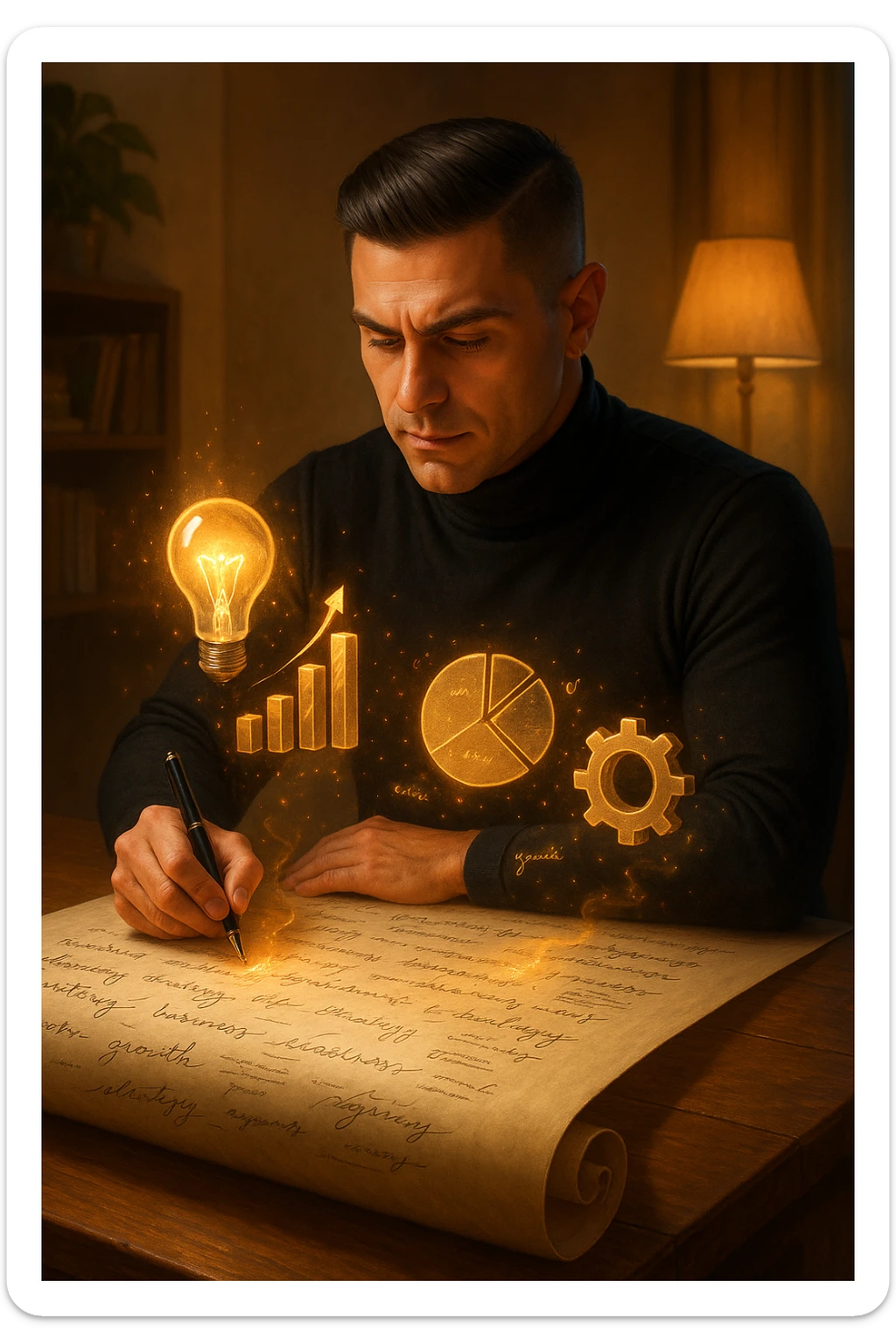 Un uomo concentrato, seduto alla sua scrivania in una stanza con luce calda, sta scrivendo su un enorme foglio di carta che si espande magicamente davanti a lui. Mentre scrive, le parole si trasformano in elementi visivi tridimensionali che rappresentano le soluzioni ai suoi problemi in italiano sticker