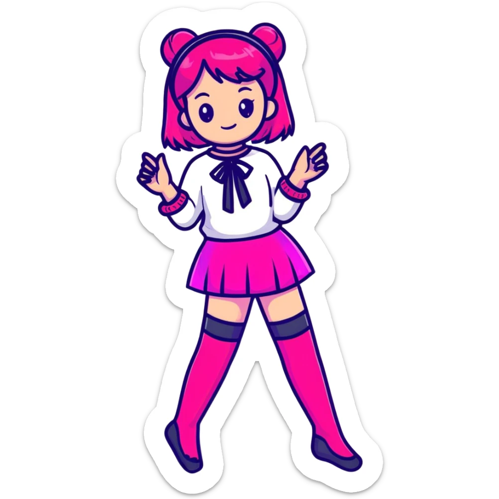 Cute girl character in stockings adjusting fashion accessory, bright pink gradient, transparent glass style with highlights sticker