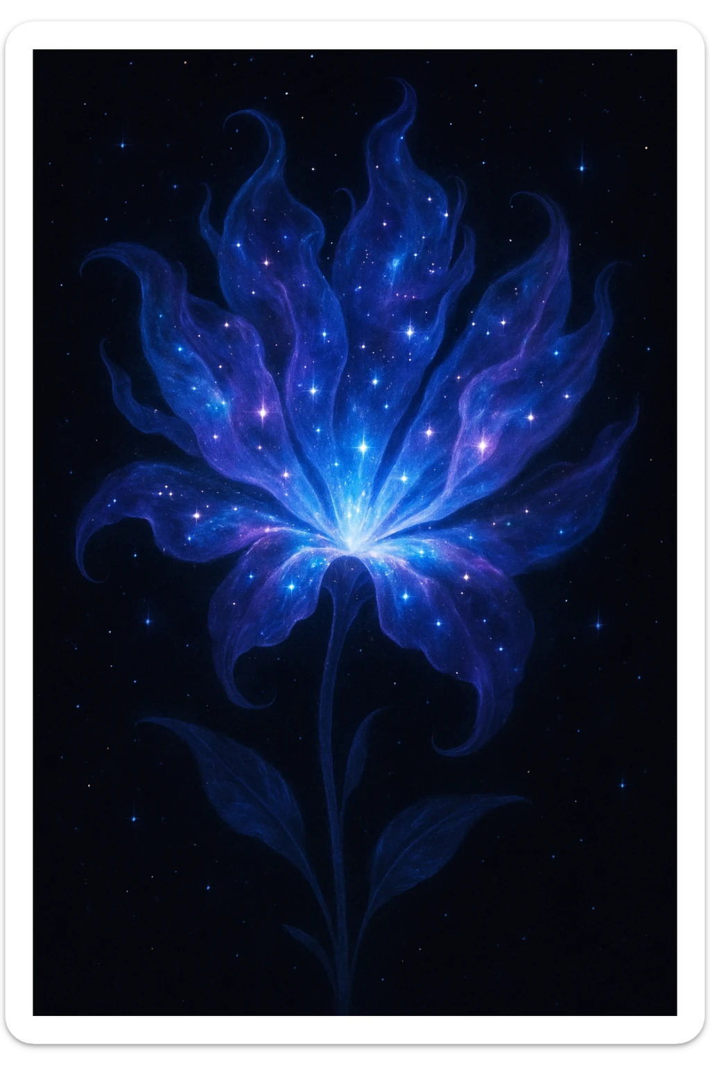 A fantasy flower with petals shaped like wisps of nebula, shimmering with starlight and cosmic hues. sticker