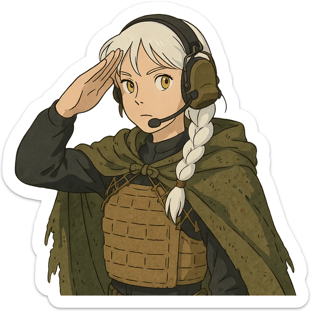 1 female, mid 20's, white hair in a long braid, gold yellow eyes, adorned in a black long sleeve shirt, tan body armor and a worn olive-green cloak with netting holding it together. She wears a COMTAC headset. is giving a stealthy salute sticker