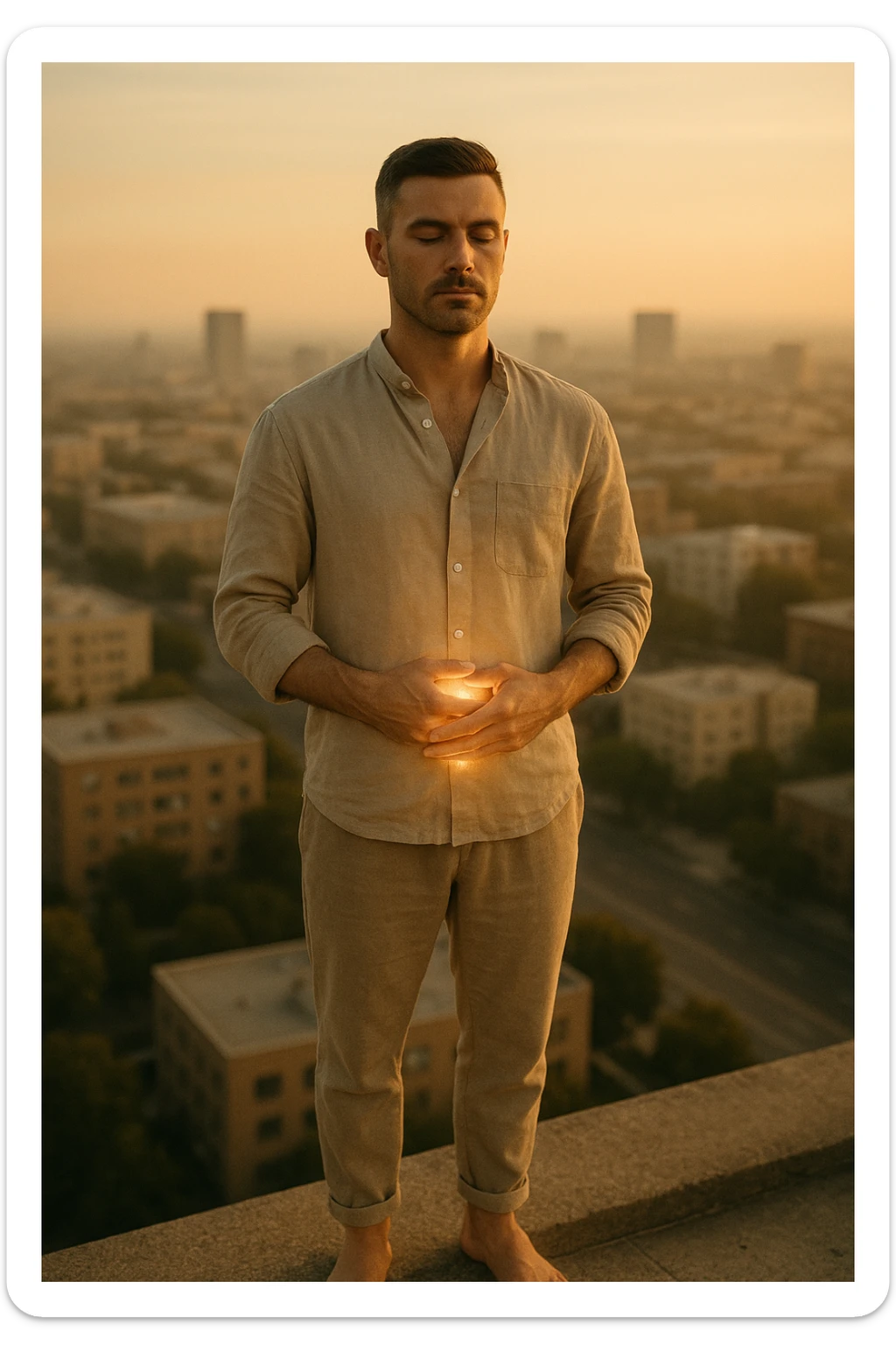 A cinematic portrait of a calm and composed man in his mid-30s, with light stubble and a defined jawline, standing alone on a rooftop at sunrise overlooking a quiet modern city. He’s wearing minimalist, earth-toned clothing — a linen shirt loosely buttoned, neutral joggers, barefoot. His hands rest gently over his abdomen in a meditative posture, eyes half-closed, reflecting clarity and focus. The early morning light bathes his face and body in soft gold, symbolizing renewal and healing. Around him, the city is still asleep, with only faint traces of life below. The air feels clean and silent. Subtle glow effects radiate gently from his chest and abdomen, suggesting internal regeneration. 35mm film style, shallow depth of field, realistic human textures and cinematic color grading with warm and natural tones. sticker