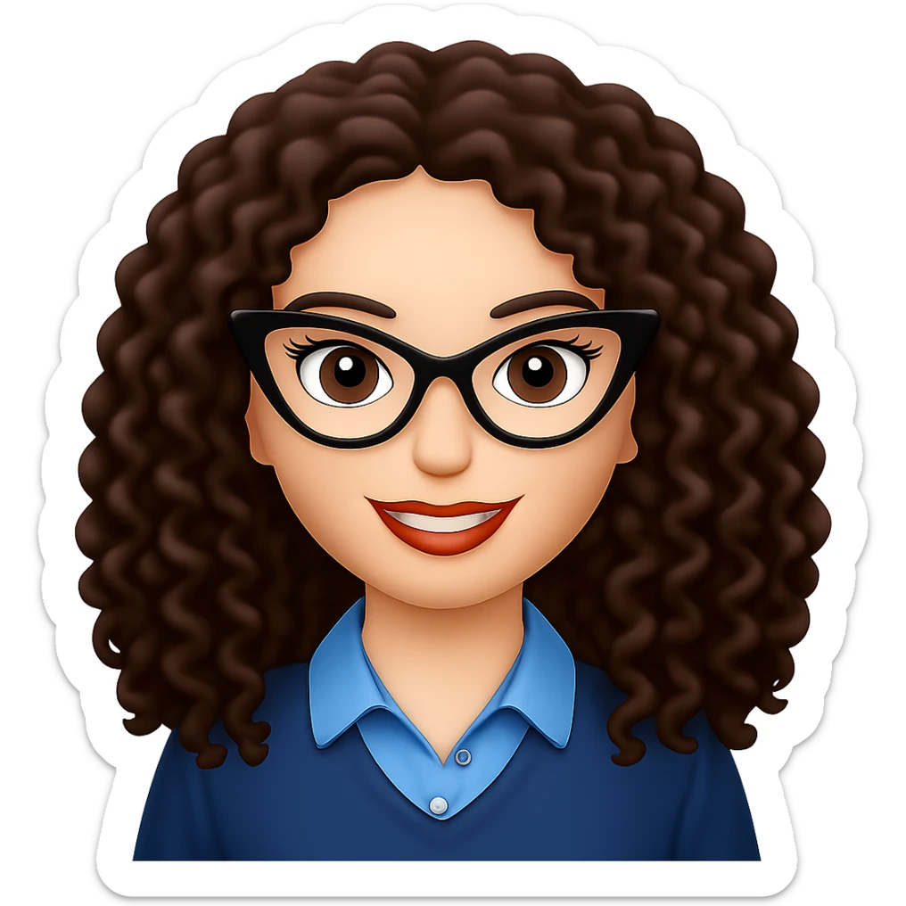 Change to cat-eye glasses, keep lady with long dark brown curly hair, in emoji style with no background. sticker