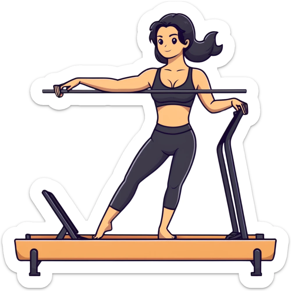 woman with bra, tanned long black hair, doing Pilates reformer sticker