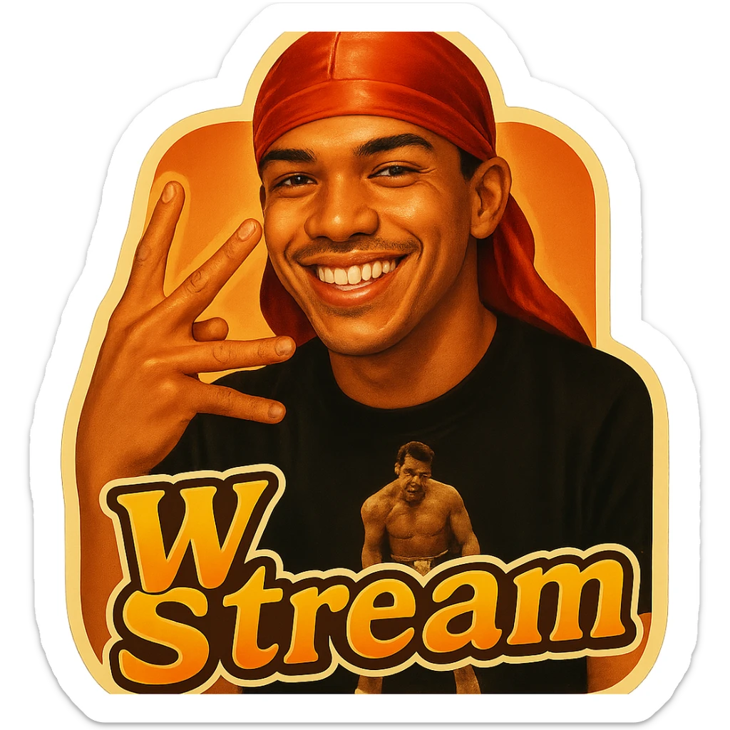 Make him Smiling 
W Finger signal
Change His durag To Red
Add the words W Stream sticker