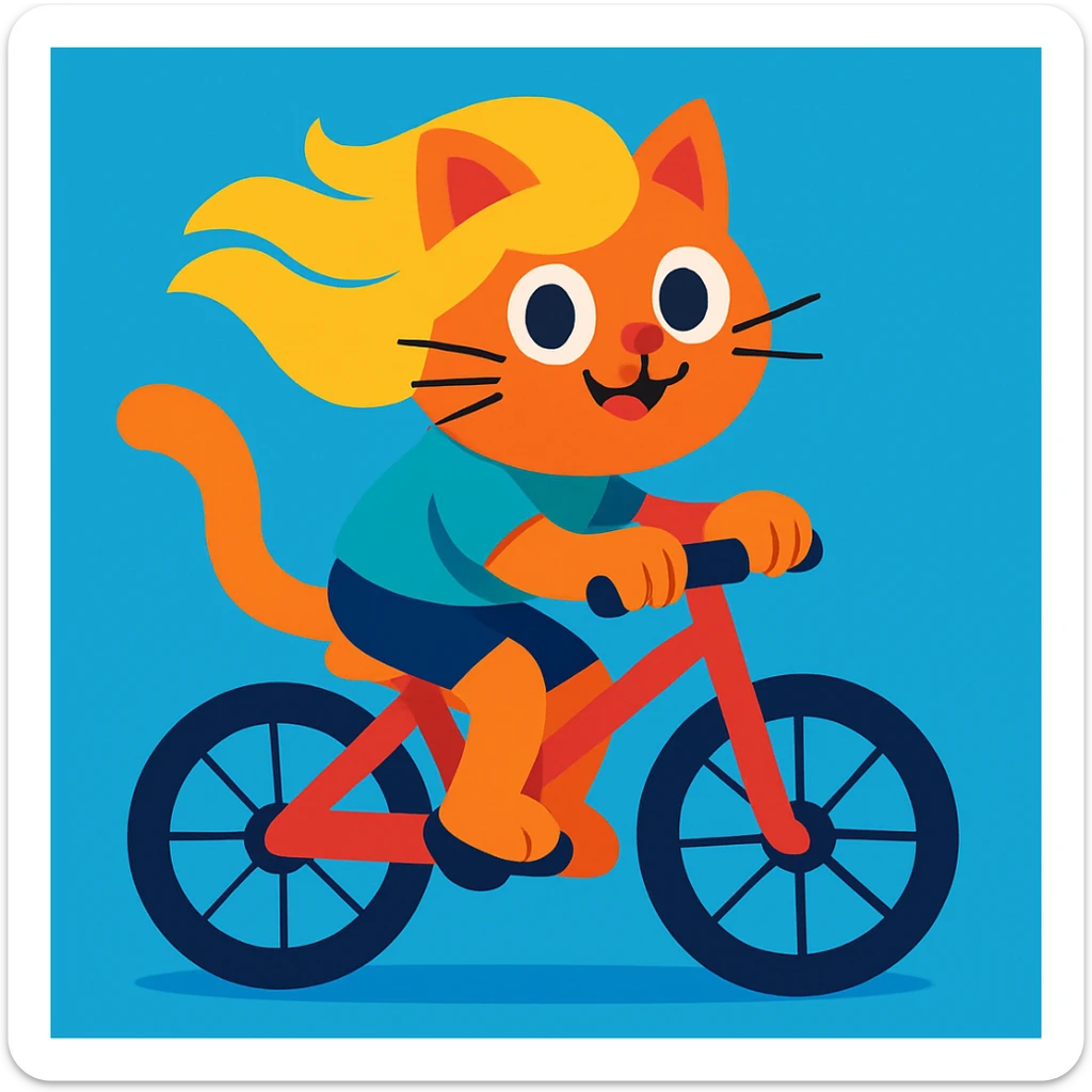 cat riding a bike with blonde hair, vibrant cartoon style sticker