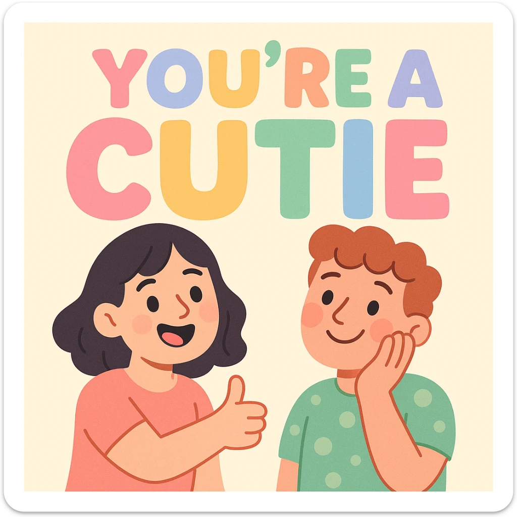 the words "you're a cutie" in pastel rainbow colors, extra bold and playful font, soft and cheerful style sticker