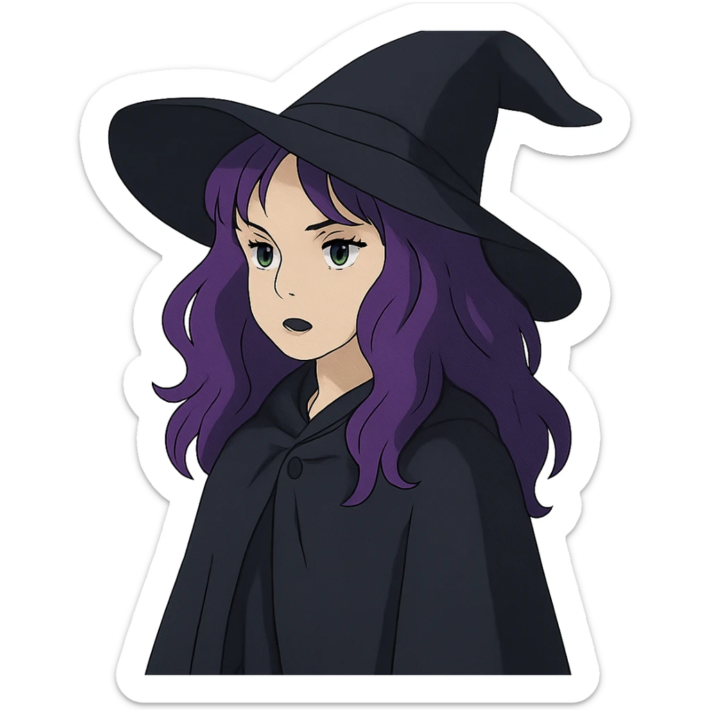 gothic woman with purple hair, witchy touch, wearing a black cloak, ghibli style sticker