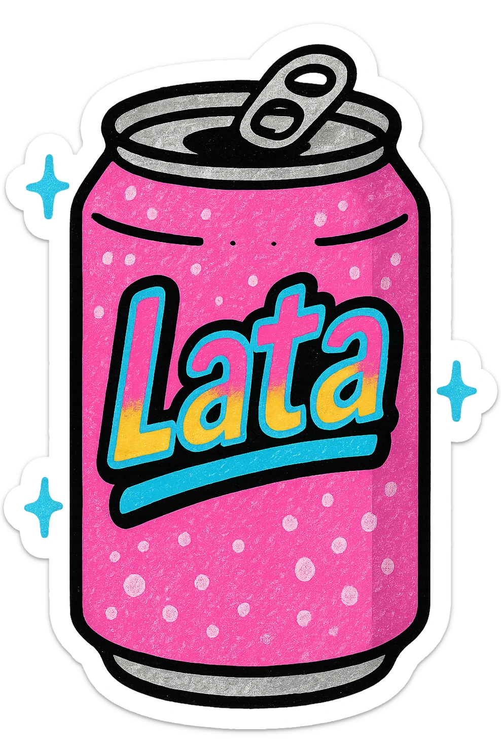 a chilled pink soda can, 'Lata' logo, sparkling ice effect, lively and appealing sticker