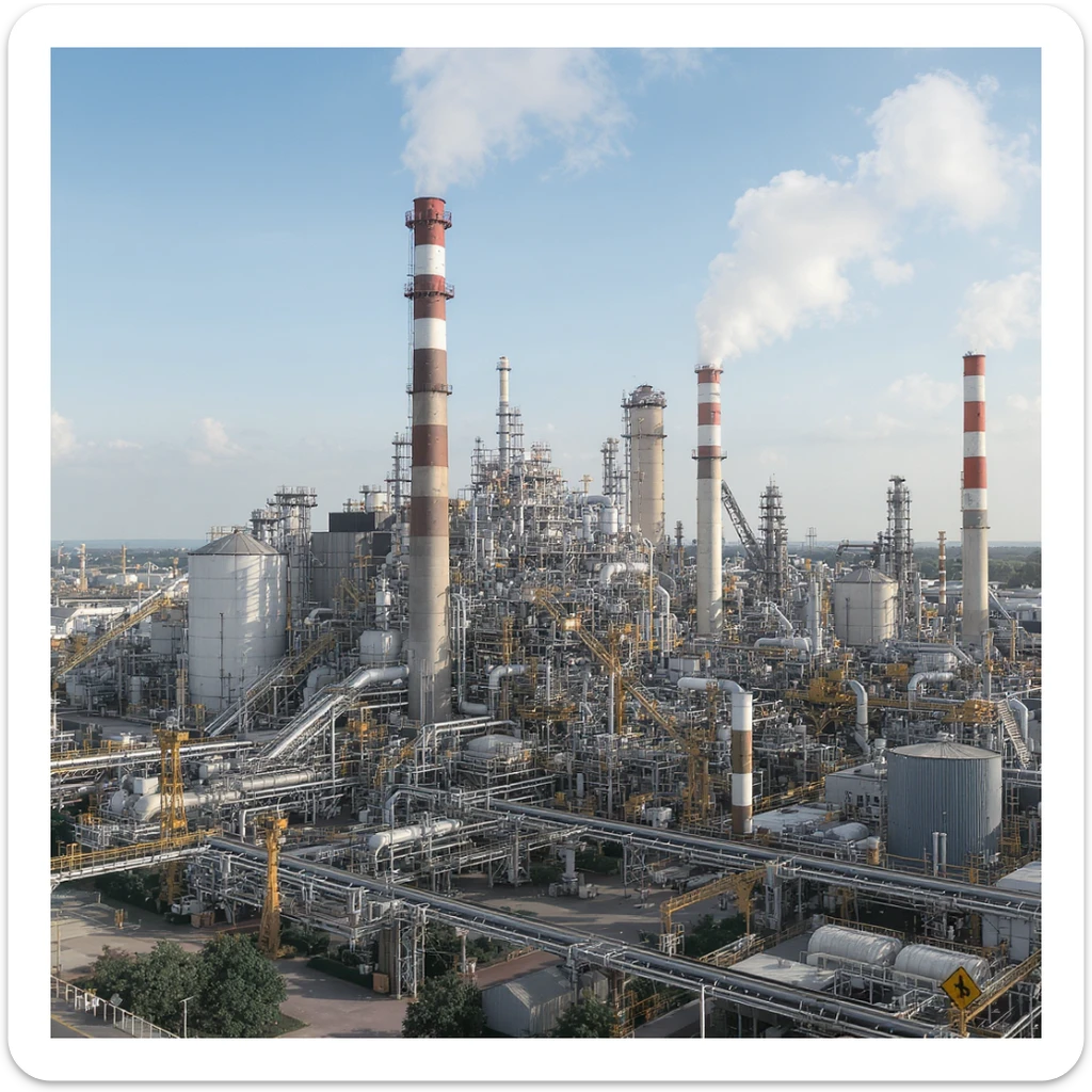 A detailed illustration of a large industrial factory with multiple buildings, smokestacks, and machinery. The factory should have a realistic and intricate design, with various pipes, conveyor belts, and storage tanks. The scene should be set during the day with clear skies. sticker