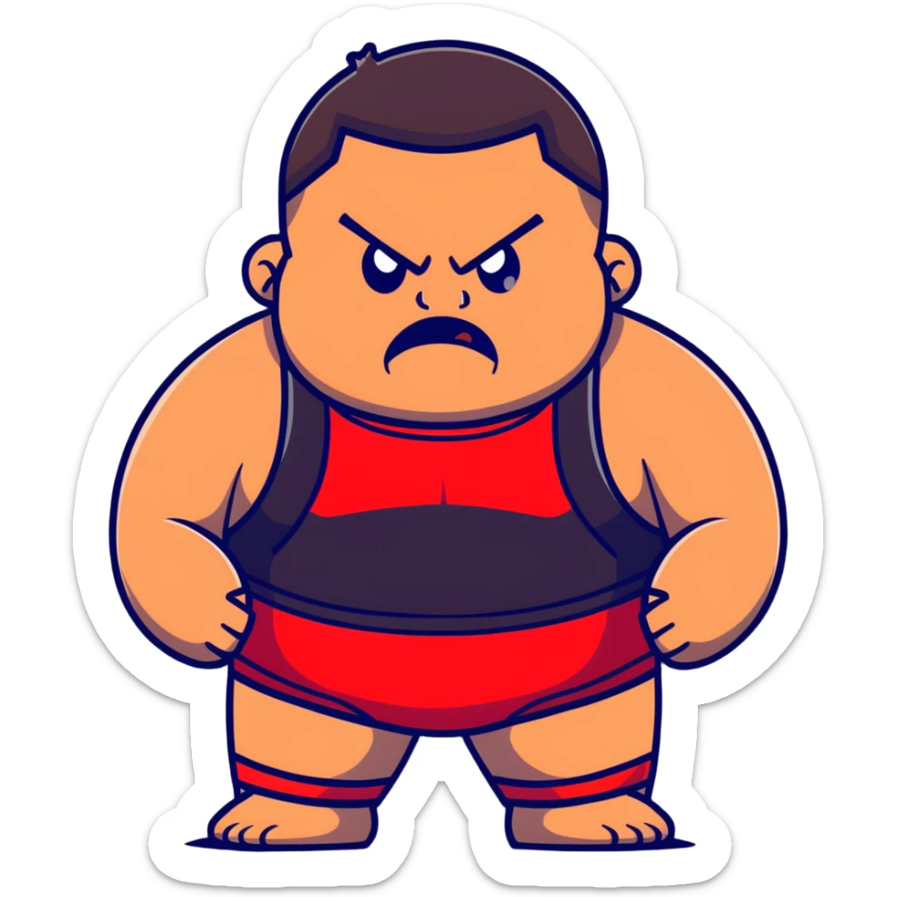 Close-up of white skin fat guy with young face, no muscle with prominent black durag, completely shaved face, no beard or mustache, black eyes in a red and black wrestling singlet with angry face sticker