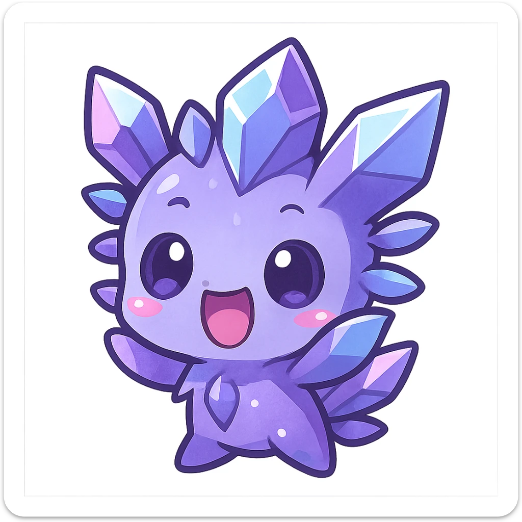 chibi kawaii style emote of a crystal sprite creature, colors purple blue and pink, excited expression sticker