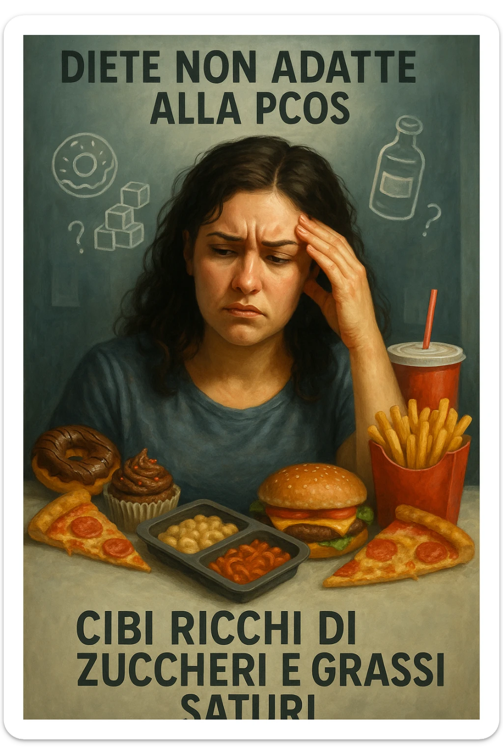 vertical realistic cinematic illustration in Italian: woman with PCOS following generic and wrong diets, confused or frustrated expression, symbols of unsuitable diet foods, captions in Italian explaining the mistakes, clinical atmosphere, dramatic lighting, aspect ratio 2:3 sticker